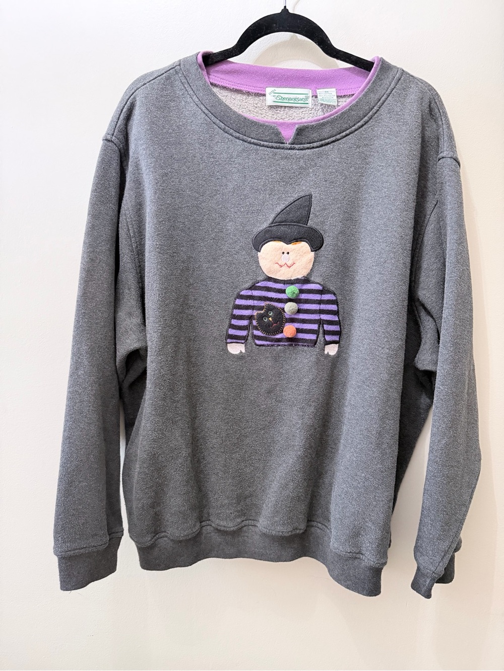 Vintage Shenanigans Halloween Witch Black Cat Embroidered Collar Crewneck 3X